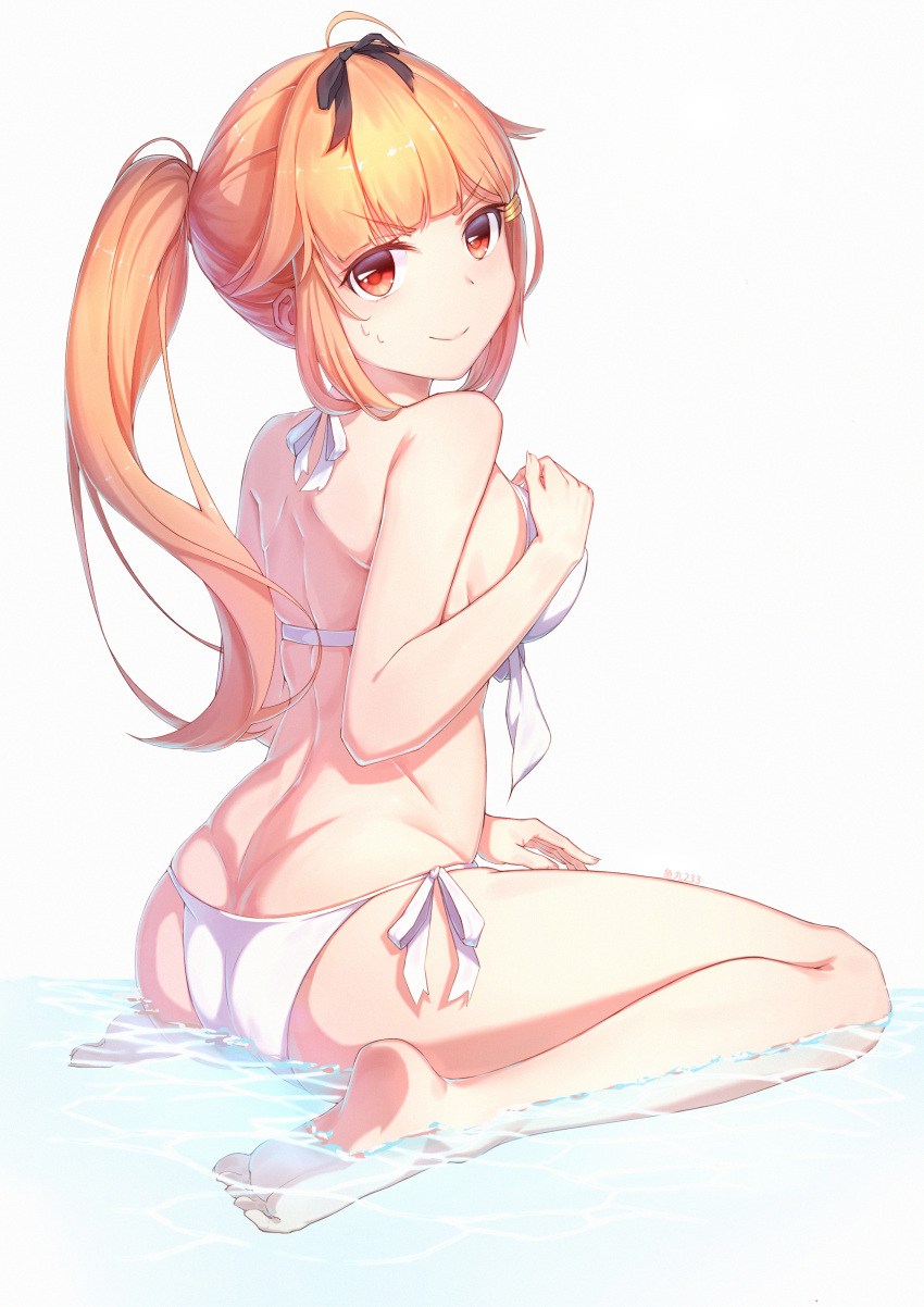 &gt;:) 1girl absurdres ahoge barefoot bikini blonde_hair blush breasts feet highres kantai_collection long_hair looking_at_viewer medium_breasts partially_submerged ponytail red_eyes side-tie_bottom sitting smile soles solo swimsuit toes wariza white_bikini yuudachi_(kantai_collection) yuwan_2333