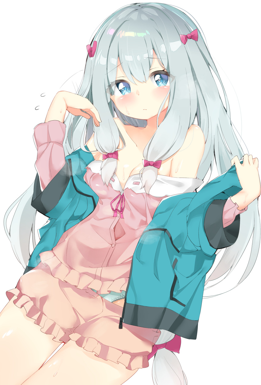 1girl absurdres bare_shoulders bloomers blue_eyes blush bow breasts cleavage commentary_request embarrassed eromanga_sensei flying_sweatdrops hair_bow highres izumi_sagiri kamioka_shun'ya long_hair looking_at_viewer medium_breasts open_clothes pajamas panties pink_blood pink_bow silver_hair simple_background solo underwear white_background white_panties