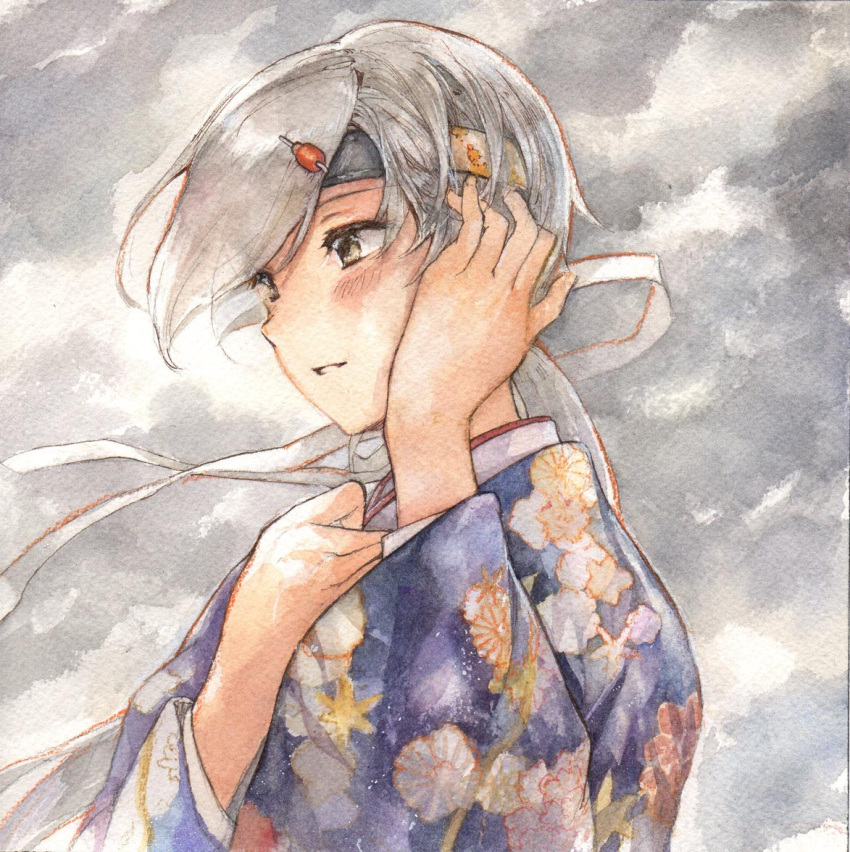 1044kiro 1girl blush brown_eyes chitose_(kantai_collection) clouds cloudy_sky colored_pencil_(medium) hair_ribbon hand_on_own_chest hand_to_head headband japanese_clothes kantai_collection kimono long_hair looking_to_the_side ponytail ribbon silver_hair sky solo traditional_media upper_body watercolor_(medium) white_ribbon