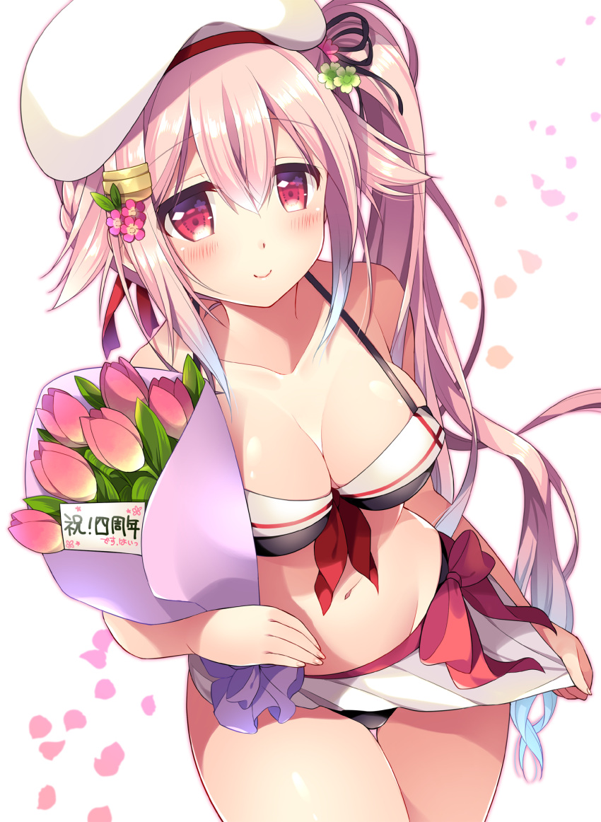 1girl adapted_costume bangs beret bikini bikini_skirt black_bikini black_panties blue_hair blush bouquet bow breasts cherry_blossoms cleavage closed_mouth collarbone cowboy_shot flower from_above gradient_hair hair_flower hair_ornament hairclip hana_(apple_water) harusame_(kantai_collection) hat highres holding holding_bouquet kantai_collection long_hair looking_at_viewer medium_breasts miniskirt multicolored_hair navel panties petals pink_eyes pink_hair side_ponytail skirt skirt_pull skirt_tug smile solo stomach swimsuit tulip underwear very_long_hair white_background white_hair white_skirt