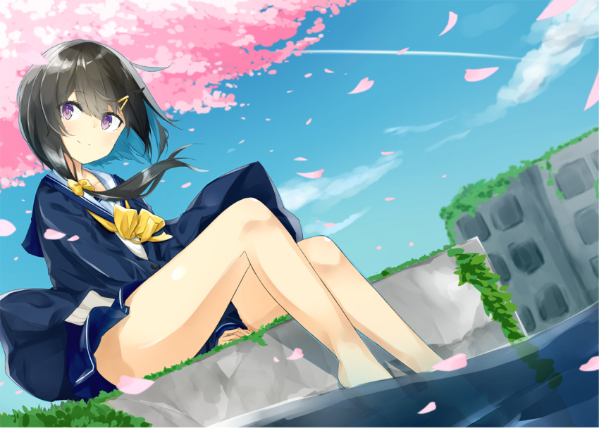 1girl bangs barefoot between_legs black_hair blue_skirt blue_sky blush bow cardigan cherry_blossoms closed_mouth clouds cloudy_sky day dutch_angle eyebrows_visible_through_hair floating_hair hair_bow hand_between_legs kafuka long_hair looking_at_viewer low_ponytail open_cardigan open_clothes original outdoors overgrown petals school_uniform serafuku side_ponytail sitting skirt sky smile soaking_feet solo thighs uniform wind wind_lift yellow_bow