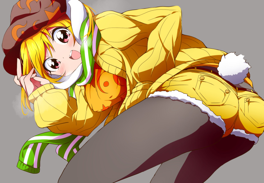 1girl animal_ears ass black_legwear blonde_hair bunny_tail bwell commentary_request green_scarf hat orange_shirt pantyhose pantyhose_under_shorts rabbit_ears ribbed_sweater ringo_(touhou) scarf shirt short_shorts shorts solo sweater tail touhou yellow_shorts yellow_sweater