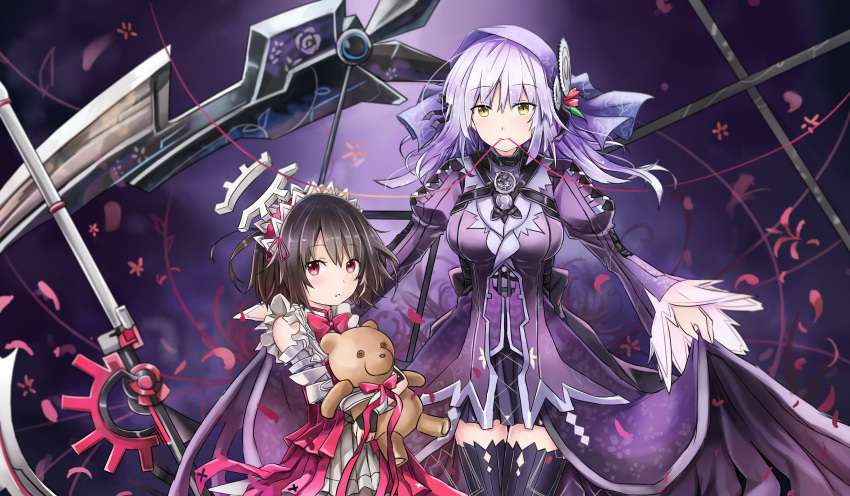 2girls absurdres anchor_(clockwork_planet) axe bangs black_hair black_legwear bow bowtie clockwork_planet cowboy_shot detached_sleeves doll_hug dress dress_lift feather-trimmed_sleeves frills hair_ornament height_difference highres huge_weapon jeffrey10 juliet_sleeves lifted_by_self long_hair long_sleeves maid_headdress mouth_hold multiple_girls parted_lips petals pink_eyes puffy_sleeves purple_dress red_bow red_bowtie red_dress red_string ryuzu_(clockwork_planet) scythe short_hair silver_hair string stuffed_animal stuffed_toy teddy_bear thigh-highs veil weapon yellow_eyes