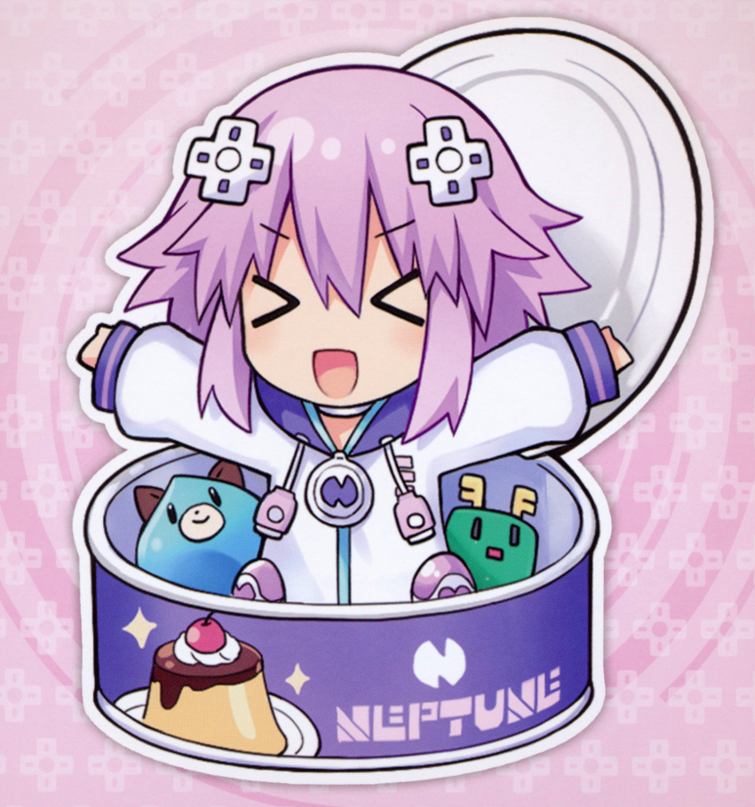 &gt;_&lt; 1girl absurdres can closed_eyes d-pad dogoo highres neptune_(choujigen_game_neptune) neptune_(series) official_art one_eye_closed purple_hair short_hair smile solo tsunako