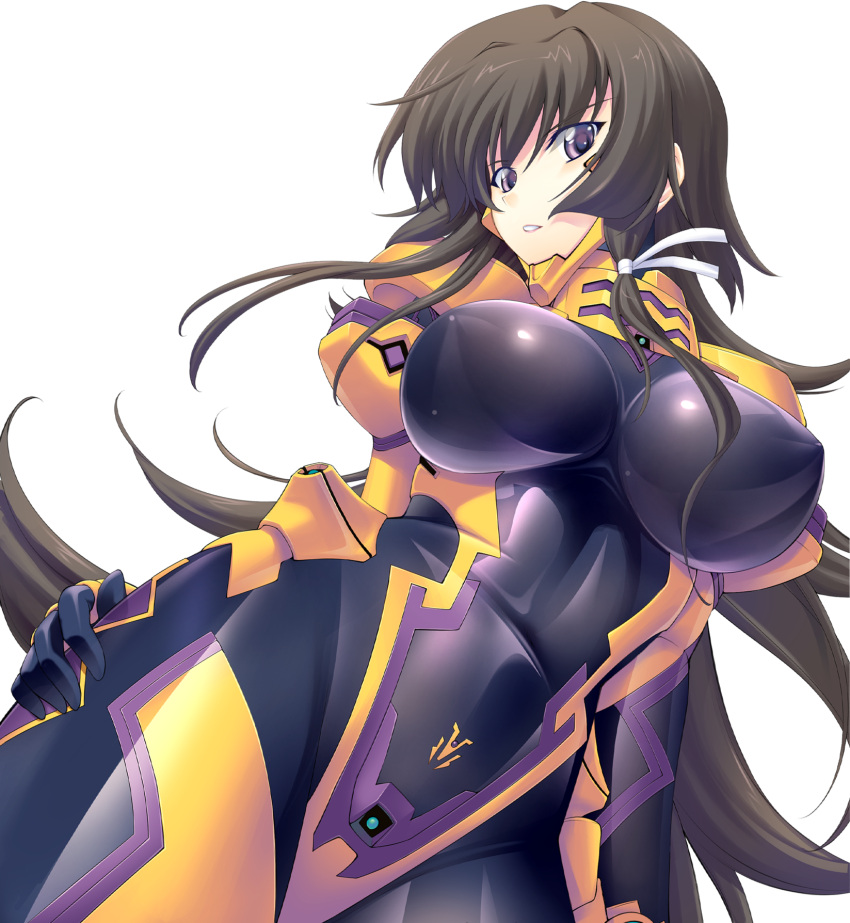 1girl black_bodysuit bodysuit breasts brown_hair covered_navel dutch_angle eyebrows_visible_through_hair hair_ribbon hand_on_own_thigh highres impossible_bodysuit impossible_clothes large_breasts lips long_hair looking_at_viewer lying miyata_sou muvluv muvluv_alternative muvluv_total_eclipse official_art on_side parted_lips pilot_suit ribbon shiny shiny_clothes skin_tight solo takamura_yui teeth transparent_background very_long_hair violet_eyes