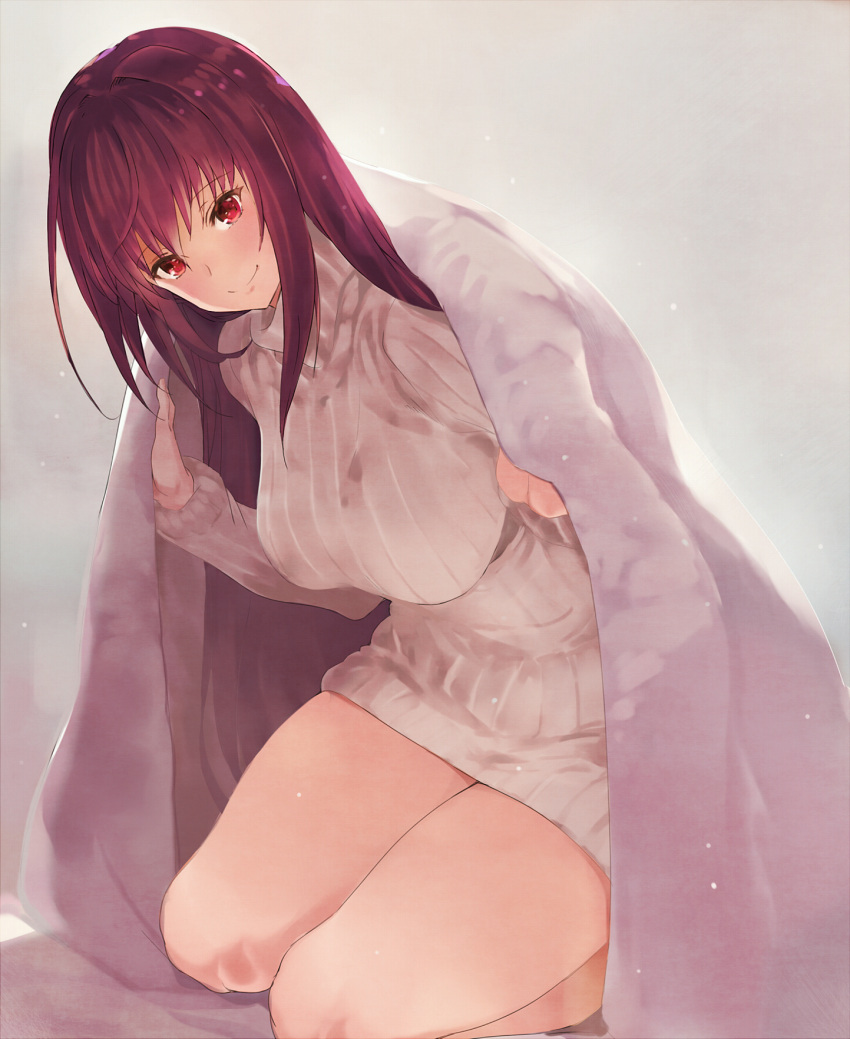 1girl bare_legs blanket breasts fate/grand_order fate_(series) highres kneeling large_breasts leaning_forward long_hair looking_at_viewer red_eyes redhead ribbed_sweater scathach_(fate/grand_order) smile solo sweater tokopi