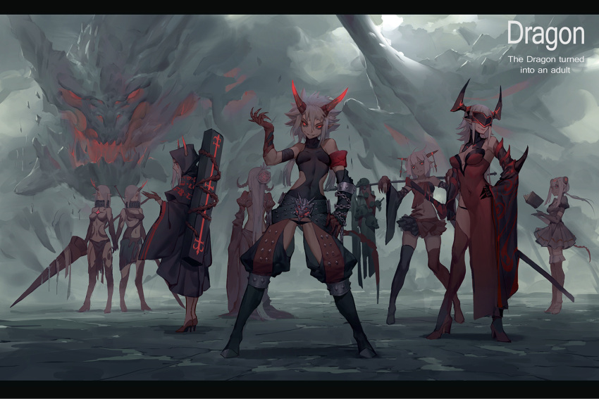 6+girls bare_shoulders black_sclera claw_(weapon) cloak covered_eyes dragon dress english flower full_body gods_(1073337800) grin hair_flower hair_ornament hand_on_hip high_heels hood hooded_cloak horn horns leotard letterboxed long_hair looking_at_viewer midriff multiple_girls original pointy_ears polearm red_dress red_eyes revealing_clothes scythe short_hair smile spear standing thigh-highs very_long_hair weapon wind