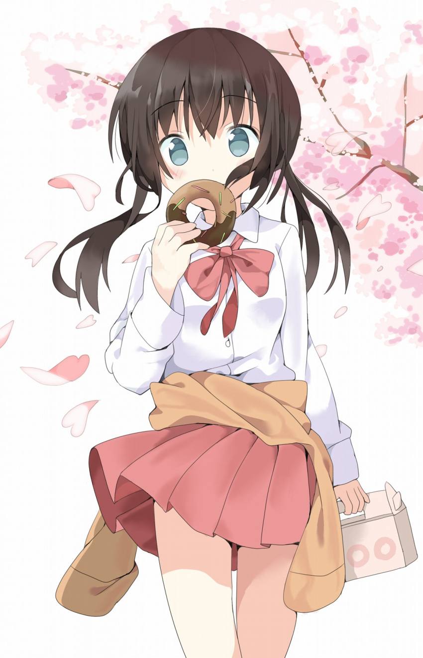 1girl bangs black_hair blouse blue_eyes blush cherry_blossoms closed_mouth clothes_around_waist covered_mouth cowboy_shot doughnut eyebrows_visible_through_hair food hand_up highres holding holding_food long_hair long_sleeves looking_at_viewer low_twintails lunchbox original outdoors petals pleated_skirt red_skirt skirt smile solo sweater_around_waist tantan_men_(dragon) thighs twintails white_blouse wind wind_lift