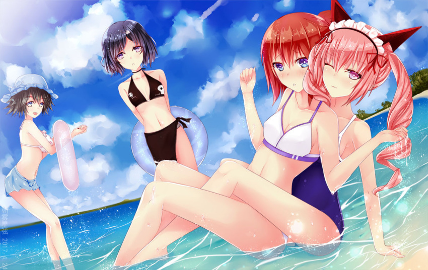 1boy 3girls alternate_hairstyle androgynous animal_ears beach bikini black_hair blue_eyes blush breasts cat_ears chao_wu_xing_xian cleavage clouds cloudy_sky drill_hair embarrassed faris_nyannyan hair_bun hair_ornament hat innertube leg_lock long_hair looking_at_viewer maid_headdress makise_kurisu medium_breasts midriff multiple_girls navel ocean one-piece_swimsuit one_eye_closed open_mouth palm_tree partially_submerged pink_hair polka_dot polka_dot_bikini redhead shiina_mayuri short_hair side-tie_bikini sitting skull_hair_ornament skull_print sky small_breasts smile standing steins;gate swimsuit trap tree twin_drills urushibara_ruka violet_eyes