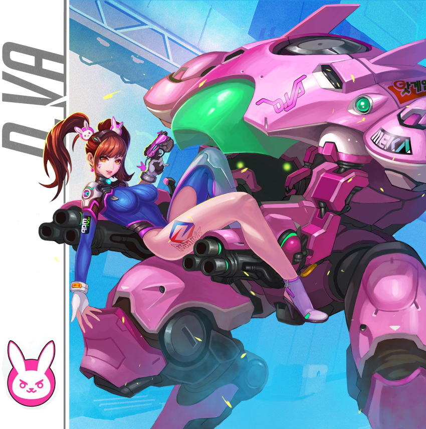 &gt;:3 1girl :3 absurdres acronym adapted_costume alternate_hairstyle arm_at_side arm_cannon artist_request bangs black_hairband blue_leotard bodysuit breasts brown_eyes brown_hair bunny_earrings bunny_hair_ornament ch_(yan22947) character_name clothes_writing d.va_(overwatch) earrings emblem erect_nipples eyebrows_visible_through_hair facepaint facial_mark finger_on_trigger full_body gatling_gun gloves gun hair_ornament hairband hand_up handgun headphones high_collar high_heels highleg highleg_leotard highres holding holding_gun holding_weapon jewelry knee_pads knee_up large_breasts leotard lips long_hair long_legs looking_at_viewer lying mecha medium_breasts meka_(overwatch) nose on_back overwatch partly_fingerless_gloves pauldrons pilot_suit pink_lips pinky_out pistol ribbed_bodysuit shoes shoulder_pads single_shoe single_thigh_boot skin_tight smile solo teeth thigh_strap turtleneck twintails upper_teeth weapon whisker_markings white_gloves white_shoes zipper