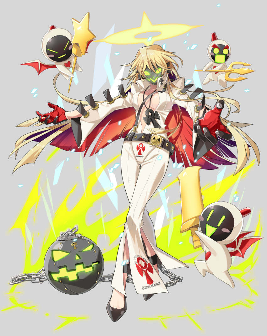 1girl 4_(ym1129) ankh ball_and_chain_restraint belt bodysuit breasts center_opening cleavage creature full_body gloves glowing glowing_eyes green_eyes guilty_gear guilty_gear_xrd halo highres jack-o_(guilty_gear) jewelry legs_crossed long_hair looking_at_viewer mask medium_breasts minion_(guilty_gear) multicolored_hair no_bra outstretched_arms pendant popped_collar redhead smile standing two-tone_hair white_hair