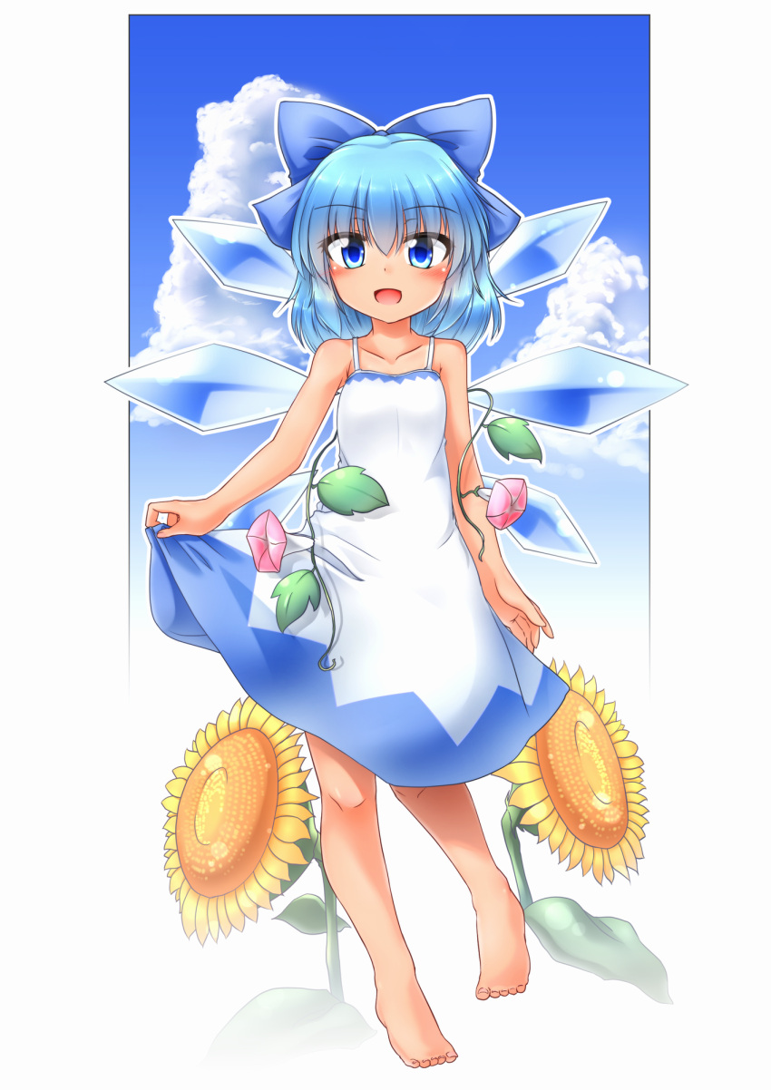 artist_request barefoot blue_eyes blue_hair cirno dress flower hidden_star_in_four_seasons highres ice ice_wings leaf looking_at_viewer open_mouth plant sky sunflower tan touhou vines white_dress wings