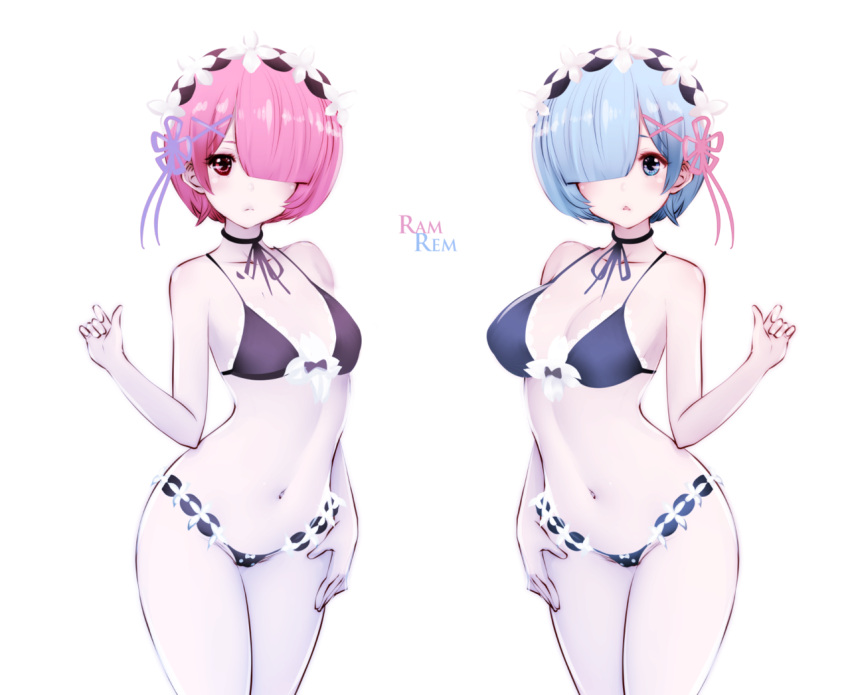 2girls blue_eyes blue_hair blush bow bow_panties bra breasts cowboy_shot detached_collar hair_ornament hair_over_one_eye hair_ribbon looking_at_viewer maid_headdress medium_breasts multiple_girls navel panties pink_hair pink_ribbon purple_ribbon ram_(re:zero) re:zero_kara_hajimeru_isekai_seikatsu rem_(re:zero) ribbon see-through short_hair siblings side-tie_panties simple_background sisters small_breasts souryu twins underwear white_background x_hair_ornament