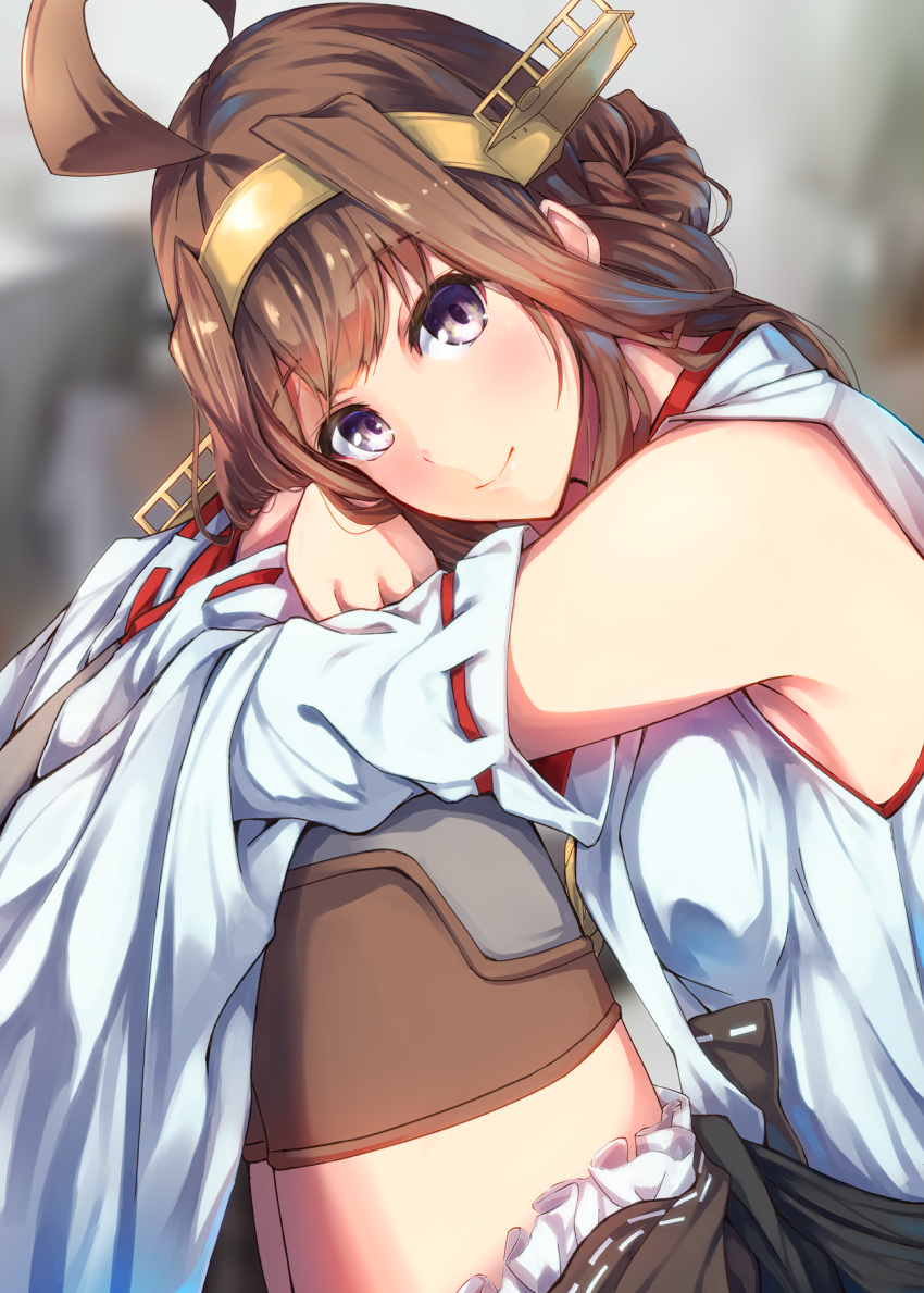 1girl ahoge bare_shoulders black_skirt blurry blurry_background boots brown_hair detached_sleeves double_bun hairband headgear highres japanese_clothes kantai_collection kongou_(kantai_collection) konkito long_hair nontraditional_miko ribbon-trimmed_sleeves ribbon_trim skirt smile solo thigh-highs thigh_boots violet_eyes wide_sleeves