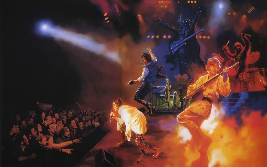 audience band c-3po chewbacca darth_vader drums epic guitar han_solo highres luke_skywalker princess_leia_organa_solo r2-d2 star_wars