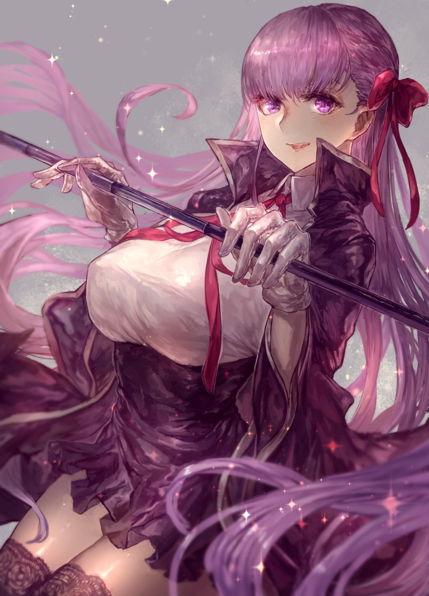 1girl bb_(fate/extra_ccc) black_legwear fate/extra fate/extra_ccc fate_(series) gloves hair_ribbon highres lace lace-trimmed_thighhighs lingerie long_hair purple_hair ribbon signo_aaa smile solo thigh-highs underwear very_long_hair violet_eyes