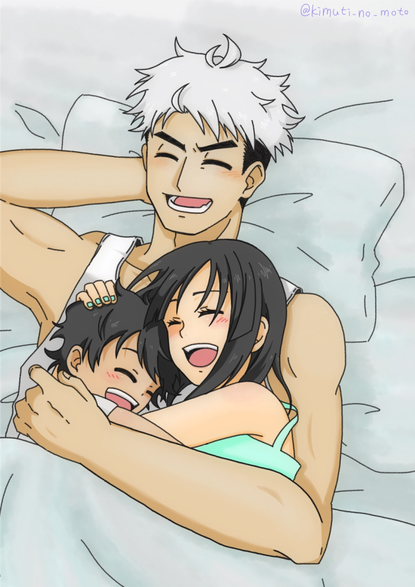 1girl 2boys age_difference armpits black_hair blanket closed_eyes female_protagonist_(pokemon_sm) green_nails guzma_(pokemon) hand_behind_head highres hug if_they_mated lying multiple_boys nail_polish pokemon pokemon_(game) pokemon_sm short_hair singlet smile twitter_username white_hair