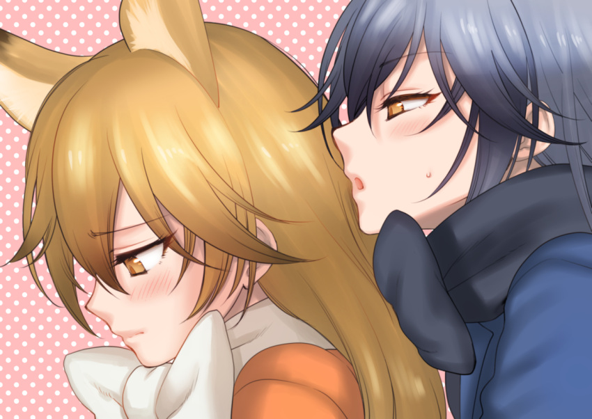 2girls animal_ears bangs black_hair blush brown_eyes brown_hair close-up closed_mouth eyebrows_visible_through_hair ezo_red_fox_(kemono_friends) fox_ears from_side gradient_hair grey_hair kemono_friends long_hair looking_at_another looking_down multicolored_hair multiple_girls parted_lips pink_background polka_dot polka_dot_background shoukaki_(earthean) silver_fox_(kemono_friends) sweatdrop upper_body
