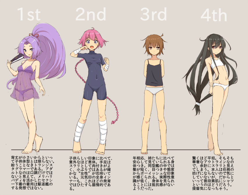 4girls :d ahoge ankle_wraps arms_behind_back bandage bandaged_arm bandaged_leg bangs bare_shoulders barefoot big_hair black_hair blush bodysuit bra braid breasts brown_eyes brown_hair camisole cassandra_(seishun_katsu_sando) cleavage clenched_hands closed_fan covered_navel expressionless eyebrows eyes_visible_through_hair fan feet flat_chest folding_fan full_body grey_background grey_panties groin hair_between_eyes hair_ornament hair_ribbon hatsuharu_(kantai_collection) hatsushimo_(kantai_collection) high_ponytail holding holding_arm kantai_collection legs lineup lingerie long_hair looking_at_viewer low-tied_long_hair lowleg lowleg_panties messy_hair multiple_girls navel negligee nenohi_(kantai_collection) number open_mouth panties pink_hair ponytail purple_hair purple_panties red_eyes ribbon see-through short_eyebrows short_hair simple_background single_braid skin_tight small_breasts smile taut_clothes training_bra translated turtleneck underwear underwear_only unitard very_long_hair violet_eyes wakaba_(kantai_collection) white_bra white_panties wrist_wraps
