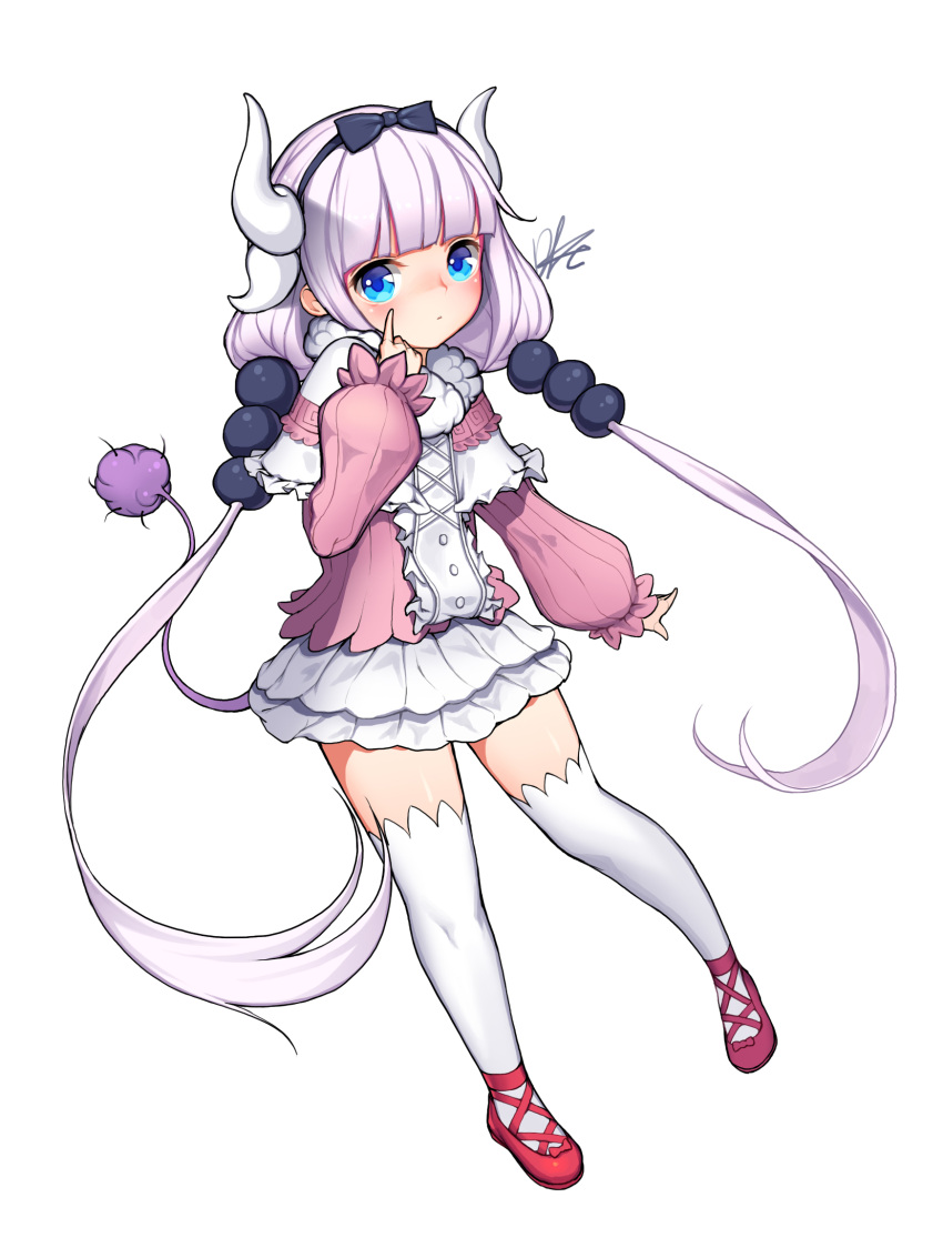 1girl blue_eyes eyebrows_visible_through_hair highres horns index_finger_raised kanna_kamui kobayashi-san_chi_no_maidragon lee_seok_ho long_hair looking_at_viewer multicolored_hair purple_hair silver_hair skirt solo tail thigh-highs twintails two-tone_hair white_legwear white_skirt