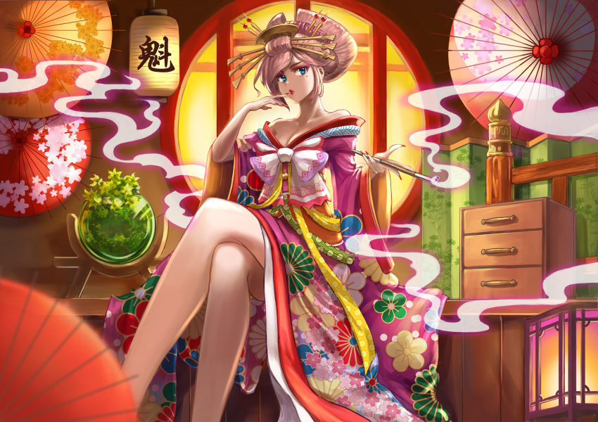 1girl bare_shoulders blue_eyes blurry breasts brown_hair chest_of_drawers cleavage commentary depth_of_field egasumi finger_to_mouth floral_print highres indoors japanese_clothes kanji kimono kiseru lantern legs lips lipstick looking_at_viewer looking_to_the_side makeup medium_breasts nail_polish oriental_umbrella original paper_lantern pipe plant red_nails round_window ryami sitting smoke solo umbrella yuujou