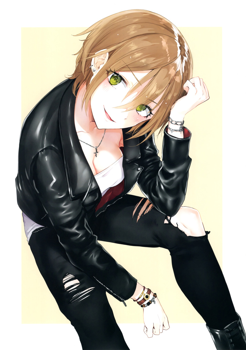 1girl absurdres bracelet breasts brown_hair cleavage cross cross_necklace earrings green_eyes highres hoyashi_rebirth idolmaster idolmaster_cinderella_girls jacket jewelry kimura_natsuki leather leather_jacket looking_at_viewer medium_breasts necklace open_mouth ripped_jeans scan short_hair smile solo