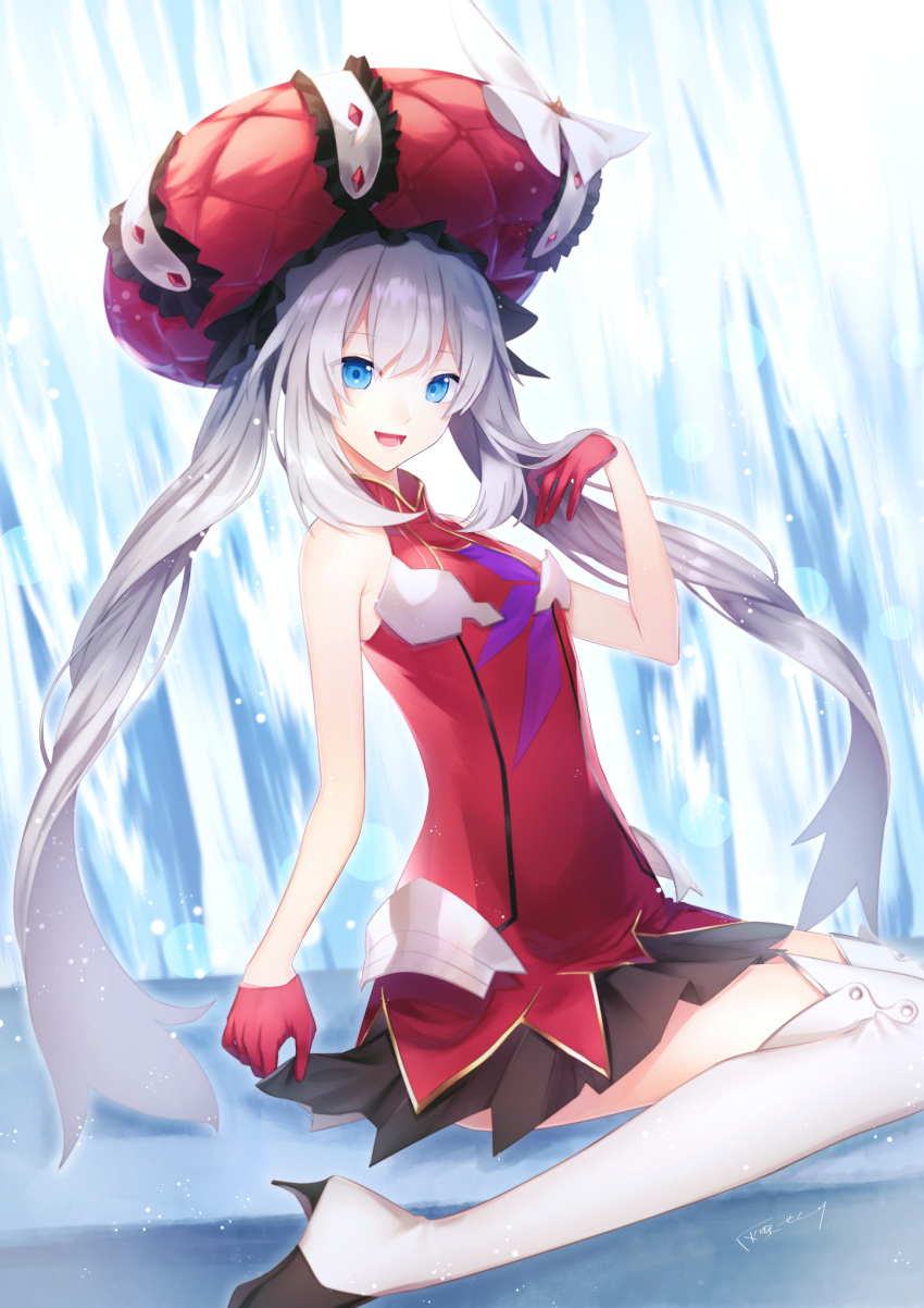 1girl bangs black_skirt blue_eyes boots dress eyebrows_visible_through_hair fate/grand_order fate_(series) from_side gloves grey_hair half_gloves hat high_heel_boots high_heels highres long_hair long_legs looking_at_viewer marie_antoinette_(fate/grand_order) natsutora open_mouth red_dress red_gloves sidelocks silver_hair sitting skirt smile solo thigh-highs thigh_boots twintails very_long_hair wariza wavy_hair white_boots white_legwear