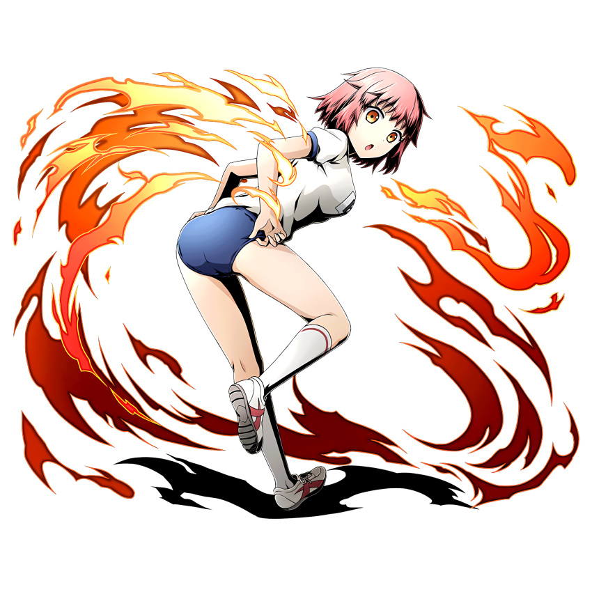 1girl adjusting_buruma adjusting_clothes blue_buruma buruma divine_gate fate/kaleid_liner_prisma_illya fate_(series) fire from_behind full_body gym_uniform highres kneehighs leaning_forward looking_at_viewer looking_back one_leg_raised open_mouth orange_eyes redhead shirt short_hair short_sleeves solo standing tanaka_(fate/kaleid_liner) transparent_background ucmm white_legwear white_shirt