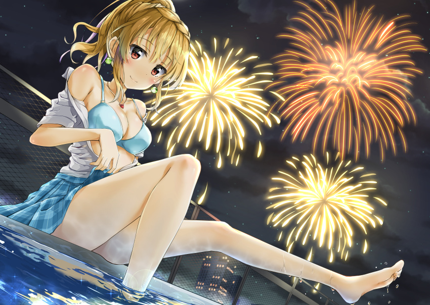 1girl bare_shoulders blonde_hair blush bra braid breasts brown_eyes chain-link_fence cleavage earrings fence fireworks highres hinabita izumi_ibuki jewelry kuria_(clear_trip_second) looking_at_viewer medium_breasts open_clothes ponytail pool sitting smile soaking_feet solo underwear
