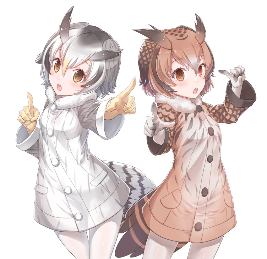 2girls :o black_gloves black_hair blonde_hair blush brown_coat brown_eyes buttons coat collar cowboy_shot dot_nose eurasian_eagle_owl_(kemono_friends) eyelashes fur_collar gloves gradient_hair grey_coat grey_gloves grey_hair hair_between_eyes hand_up head_wings index_finger_raised kemono_friends konnyaku_(kk-monmon) light_brown_hair long_sleeves looking_at_viewer multicolored multicolored_clothes multicolored_coat multicolored_eyes multicolored_gloves multicolored_hair multiple_girls northern_white-faced_owl_(kemono_friends) open_mouth orange_eyes pantyhose pocket pointing pointing_at_viewer shiny shiny_hair short_hair simple_background tail tareme teeth upper_teeth white_background white_coat white_hair white_legwear wings yellow_eyes yellow_gloves