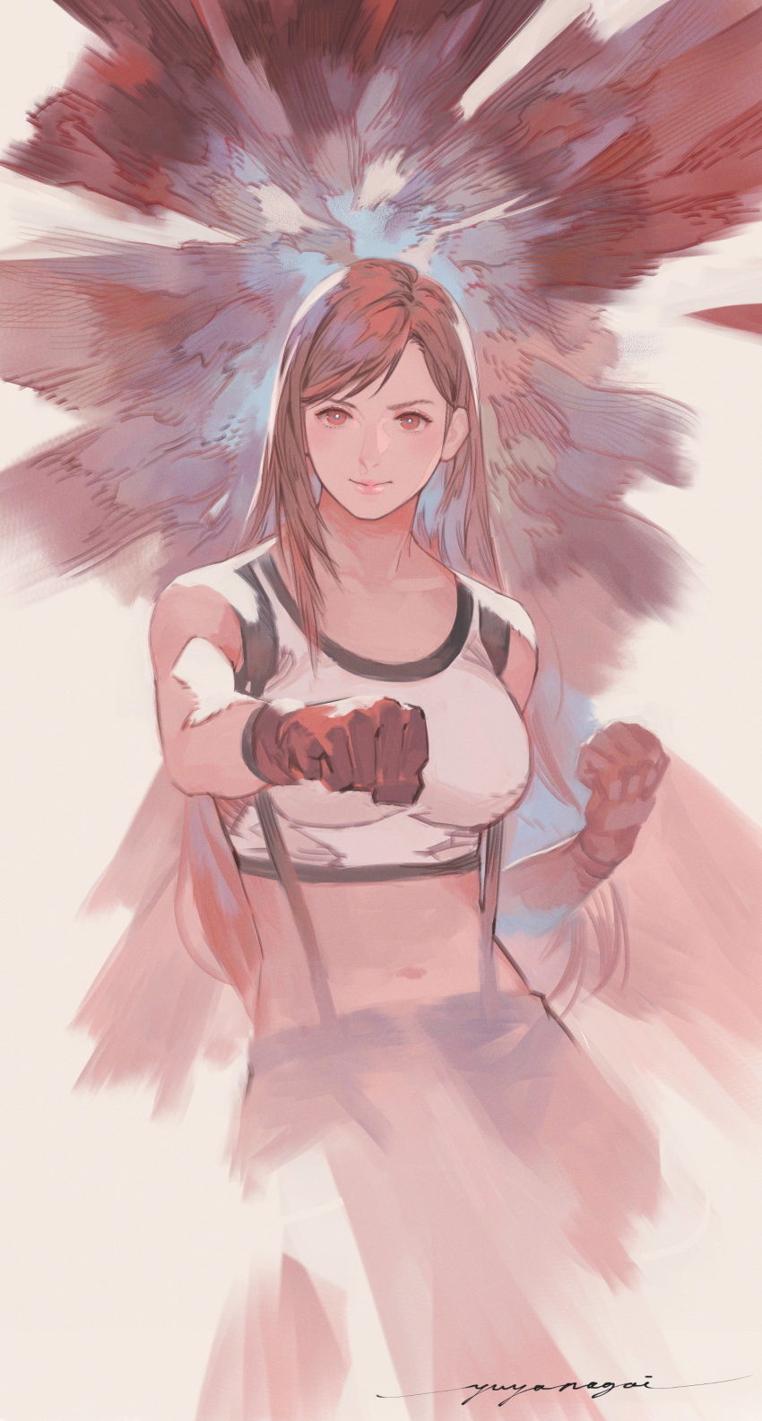 1girl absurdres bangs bare_shoulders black_skirt brown_eyes brown_hair clenched_hands closed_mouth commentary_request earrings final_fantasy final_fantasy_vii final_fantasy_vii_remake fingerless_gloves gloves highres jewelry looking_at_viewer midriff navel pencil_skirt pink_lips punching_at_viewer red_gloves shirt signature skirt smile standing suspender_skirt suspenders suspenders_gap swept_bangs tank_top taut_clothes taut_shirt tifa_lockhart v8 white_background