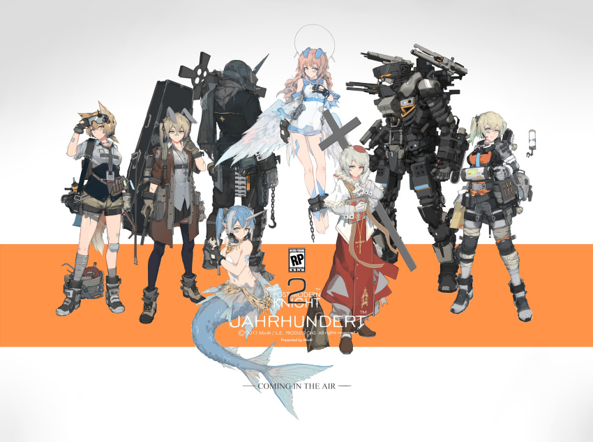 1boy 6+girls absurdres animal_ears bandage black_gloves black_legwear blue_eyes blue_hair bodysuit breasts brown_hair cleavage coffin cross english fingerless_gloves fox_ears gloves green_eyes grey_hair hat highres large_breasts long_hair looking_at_viewer mecha mivit multiple_girls navel open_mouth original red_hat short_hair smile text thigh-highs