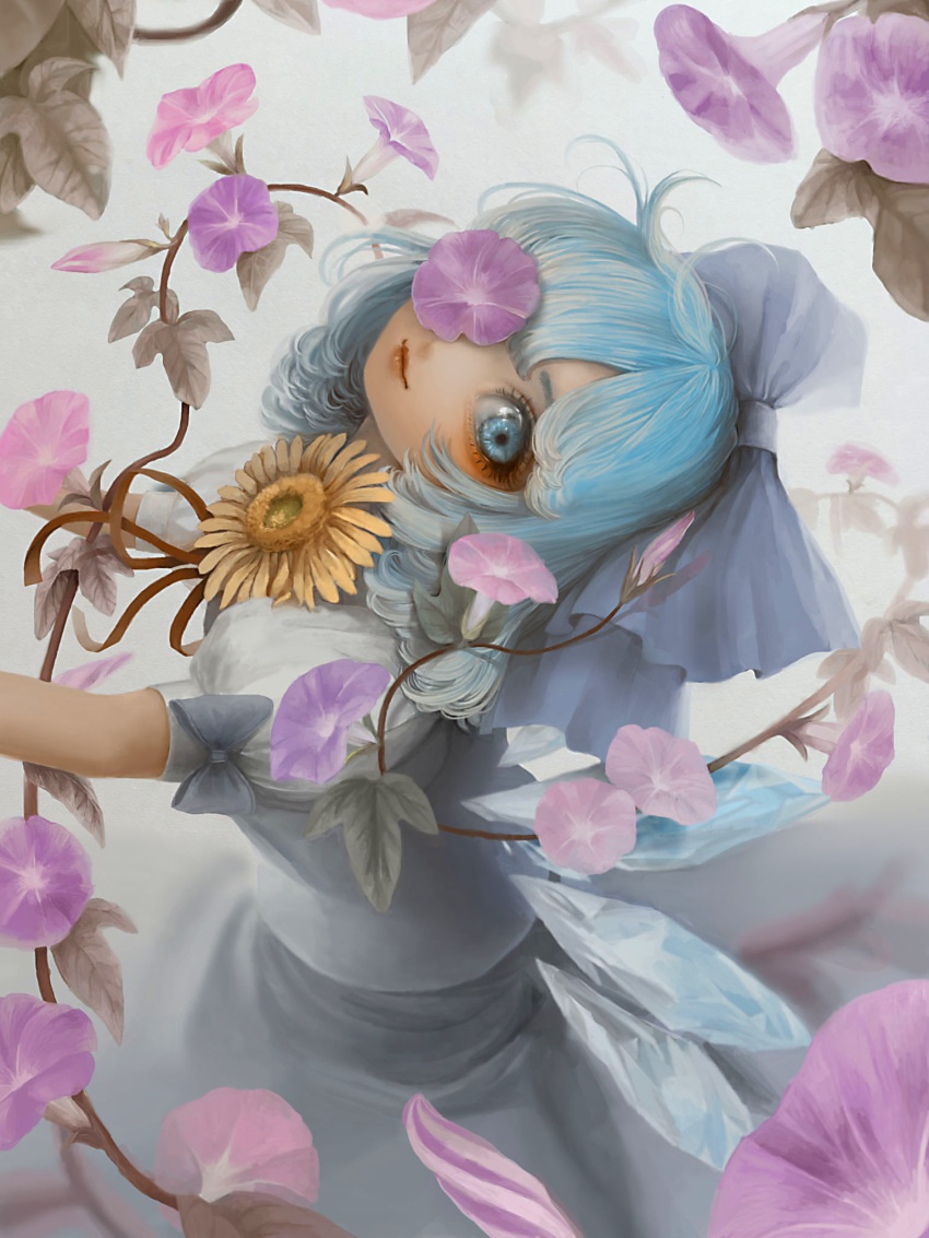 1girl 8mi500 blue_dress blue_eyes blue_hair cirno dress flower hair_ribbon hidden_star_in_four_seasons highres ice ice_wings leaf lips looking_at_viewer one_eye_covered plant puffy_sleeves ribbon short_hair short_sleeves smile solo sunflower tan touhou vines wings