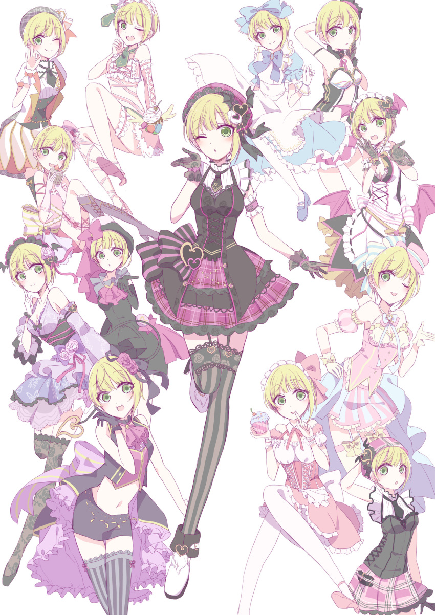 1girl absurdres alice_in_wonderland azuko_(ampenm) blonde_hair breasts cleavage corset full_body garter_straps green_eyes highres idolmaster idolmaster_cinderella_girls lace lace-trimmed_thighhighs looking_at_viewer medium_breasts midriff miyamoto_frederica multiple_views open_mouth simple_background smile thigh-highs white_background