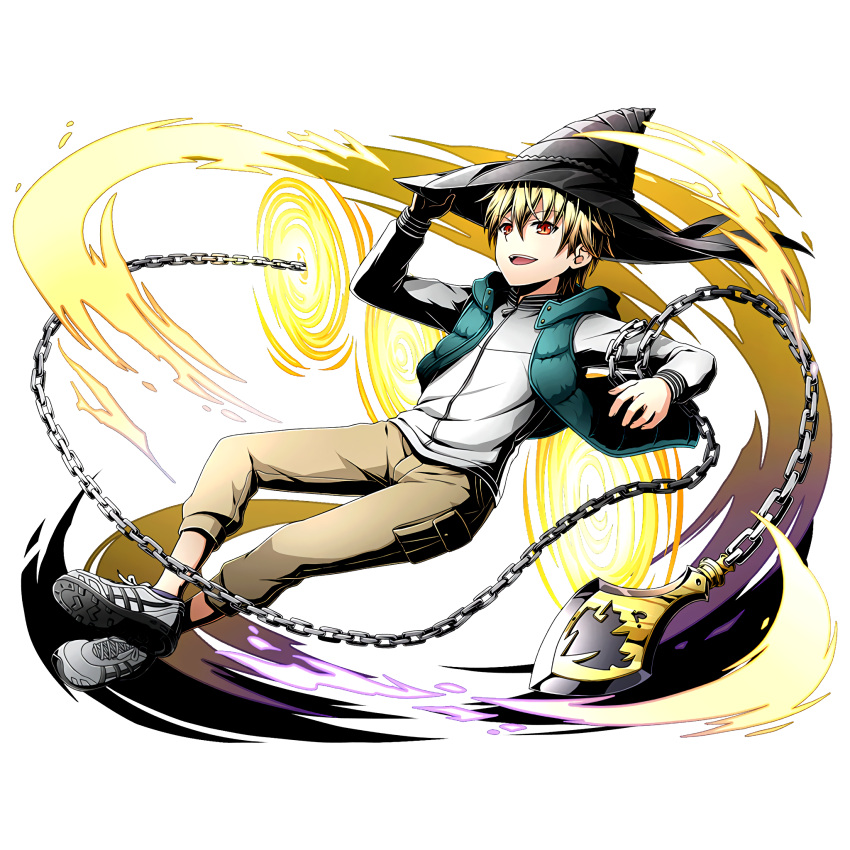 1boy black_hat blonde_hair bow brown_pants chains child_gilgamesh divine_gate fate/kaleid_liner_prisma_illya fate_(series) full_body gate_of_babylon gilgamesh hair_bow hand_on_headwear hat highres open_mouth pants red_eyes shadow solo sweater transparent_background ucmm white_sweater witch_hat younger