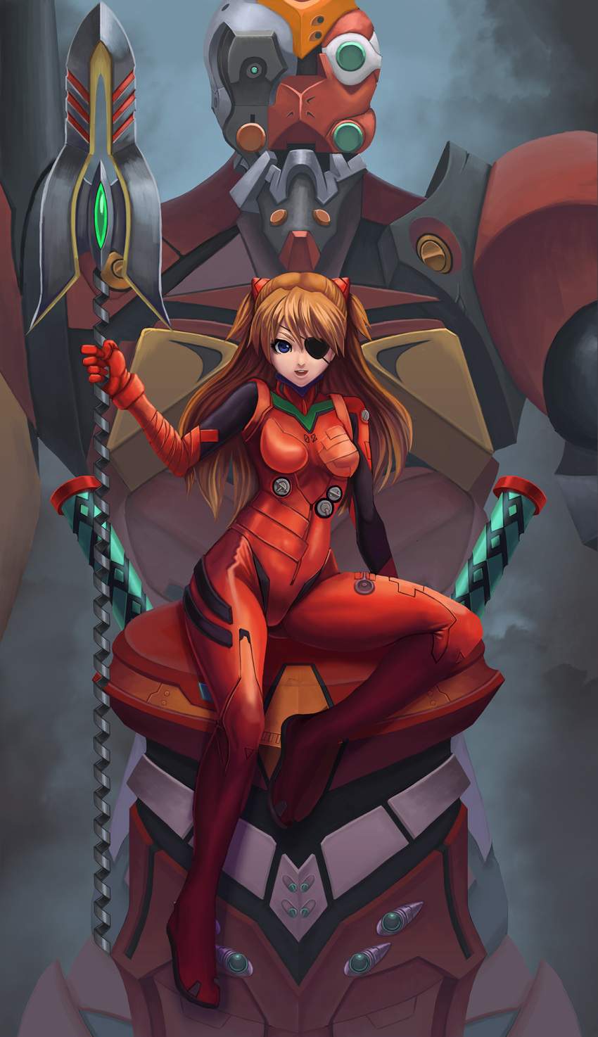 &gt;:d 1girl :d blue_eyes bodysuit breasts eva_02 evangelion:_3.0_you_can_(not)_redo eyepatch hair_ornament highres holding holding_weapon ko-ran long_hair looking_at_viewer mecha neon_genesis_evangelion one_eye_covered open_mouth orange_hair pilot_suit plugsuit polearm rebuild_of_evangelion red_bodysuit sitting small_breasts smile souryuu_asuka_langley spear spear_of_cassius two_side_up weapon