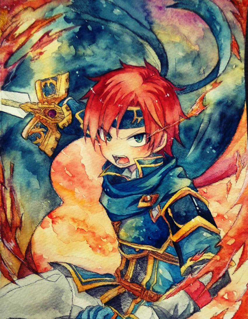 armor blue_eyes cape fire fire_emblem fire_emblem:_fuuin_no_tsurugi highres holding holding_sword holding_weapon looking_at_viewer open_mouth pauldrons redhead roy_(fire_emblem) sword weapon yataba