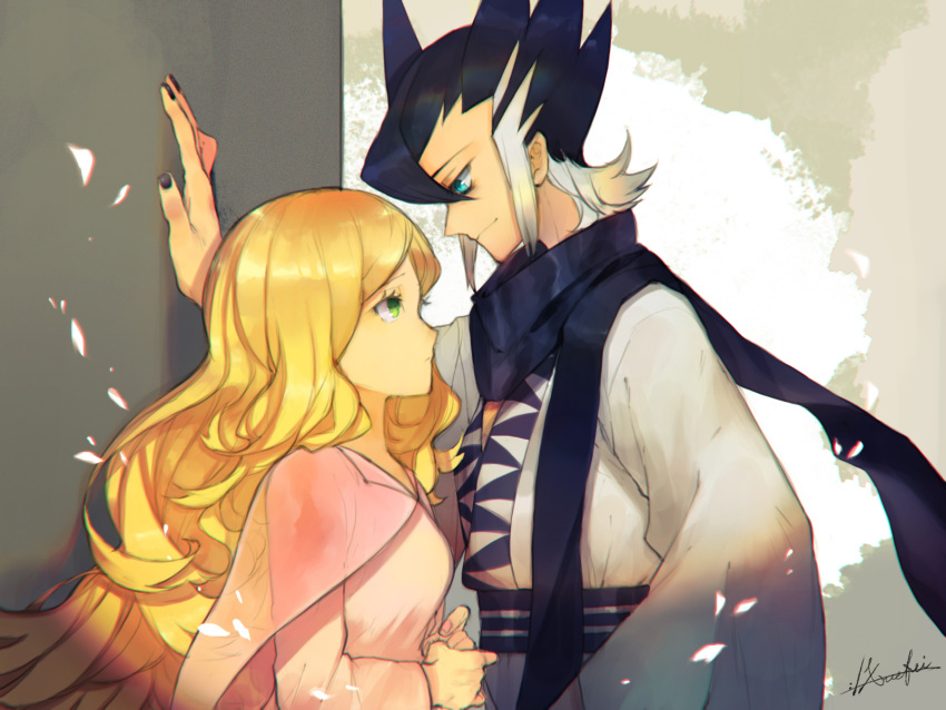 1boy 1girl against_wall artist_name black_hair black_nails blonde_hair blue_eyes cattleya_(pokemon) dress elite_four giima_(pokemon) green_eyes hand_on_wall height_difference highres japanese_clothes kimono long_dress long_hair looking_at_another nail_polish petals pokemon pokemon_(game) pokemon_sm scarf short_hair signature spiky_hair wall_slam xuefei_(snowdrop)