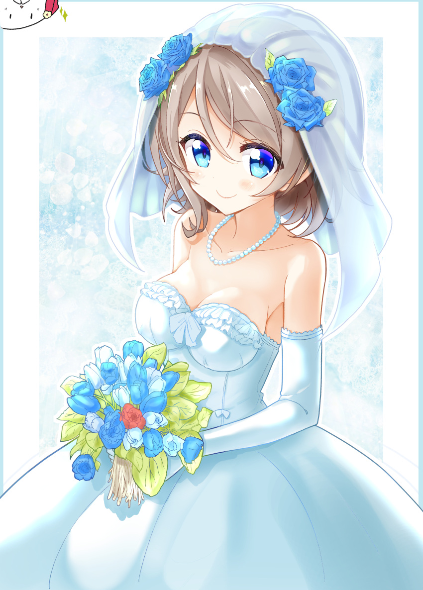 1girl absurdres blue_eyes blue_flower bouquet bridal_veil brown_hair collarbone dress elbow_gloves eyebrows_visible_through_hair flower gloves hair_between_eyes hair_flower hair_ornament highres holding holding_bouquet jewelry looking_at_viewer love_live! love_live!_sunshine!! nanakusa_(user_rnpt7322) necklace red_flower short_hair sleeveless sleeveless_dress smile solo standing strapless strapless_dress veil watanabe_you wedding_dress white_dress white_flower white_gloves