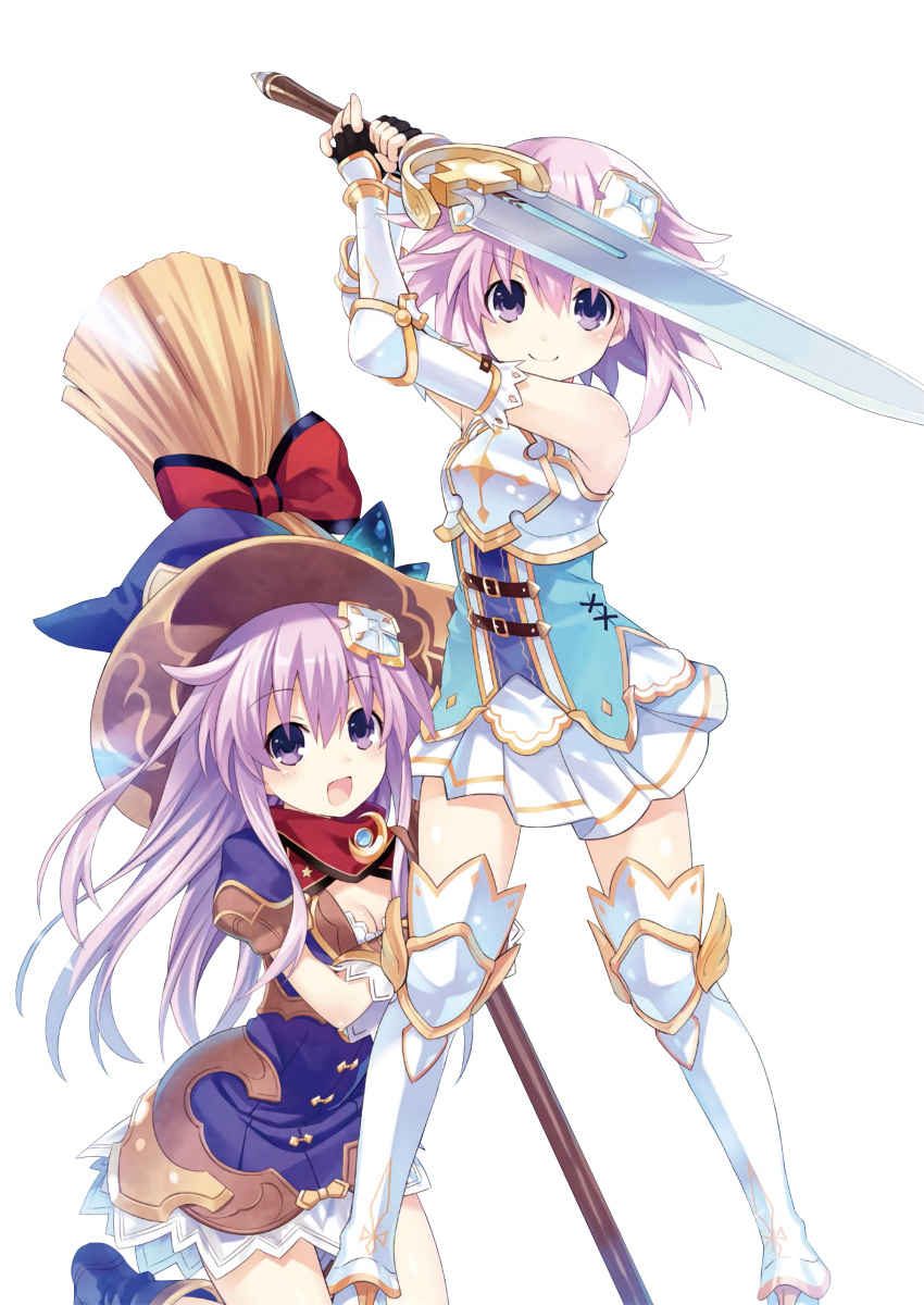 2girls absurdres armor armored_boots boots breastplate broom dress elbow_gloves eyebrows_visible_through_hair feathers female fingerless_gloves four_goddesses_online:_cyber_dimension_neptune gauntlets gloves hair_ornament hat highres holding holding_weapon knee_boots kneeling long_hair looking_at_viewer multiple_girls nepgear neptune_(choujigen_game_neptune) neptune_(series) official_art open_mouth purple_hair short_dress short_hair short_sleeves siblings sisters skirt sleeveless smile sword thigh-highs tsunako violet_eyes weapon witch_hat zettai_ryouiki