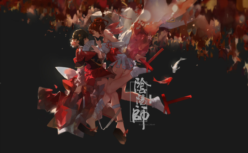 2girls commentary highres kagura_(onmyoji) looking_at_another mivit multiple_girls onmyoji petals tao_hua_yao ying_hua_yao