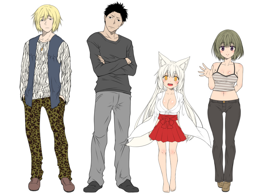 2boys 2girls animal_ears animal_print arm_behind_back barefoot black_clothes black_hair blonde_hair breasts camisole cleavage crossed_arms denim eyebrows_visible_through_hair fox_ears fox_girl fox_tail hakama_skirt hand_in_pocket head_tilt height_difference japanese_clothes jeans jewelry kohaku_(yua) large_breasts leopard_print long_hair long_sleeves looking_at_viewer miko multiple_boys multiple_girls navel necklace open_hand oppai_loli original pants shirt short_hair sidelocks silver_hair simple_background standing t-shirt tail thick_eyebrows vest white_background yua_(checkmate)