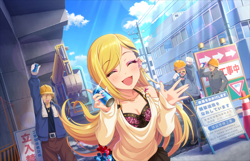 1girl 3boys artist_request bare_shoulders blonde_hair blue_sky blush breasts cleavage closed_eyes collarbone construction_site construction_worker earrings faceless faceless_male fingernails fujimoto_rina gyaru idolmaster idolmaster_cinderella_girls idolmaster_cinderella_girls_starlight_stage jewelry long_fingernails long_hair looking_at_viewer makeup medium_breasts multiple_boys nail_polish necklace official_art open_mouth pink_nails skirt sky smile