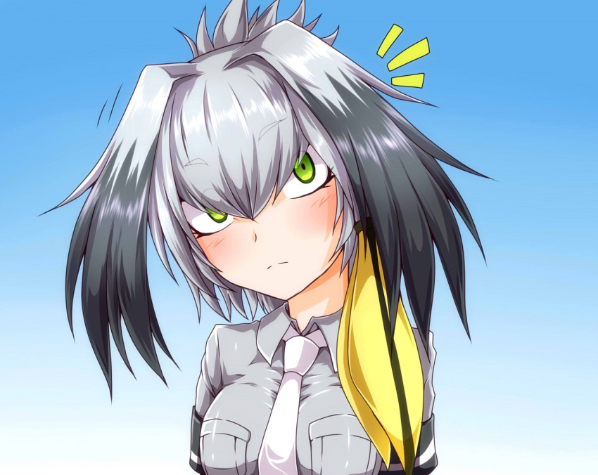 1girl blue_background blush breasts collared_shirt feathers g_(desukingu) green_eyes head_wings kemono_friends large_breasts looking_at_viewer necktie shirt shoebill_(kemono_friends) simple_background smile solo upper_body