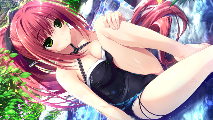 1girl barefoot black_bow black_swimsuit bottle bow breasts casual_one-piece_swimsuit cleavage collarbone dutch_angle eyebrows_visible_through_hair game_cg green_eyes hair_bow haruru_minamo_ni! high_ponytail highres ibuki_asumi large_breasts long_hair looking_away official_art one-piece_swimsuit outdoors redhead shintarou shiny shiny_skin sitting solo swimsuit tree very_long_hair water water_bottle wet