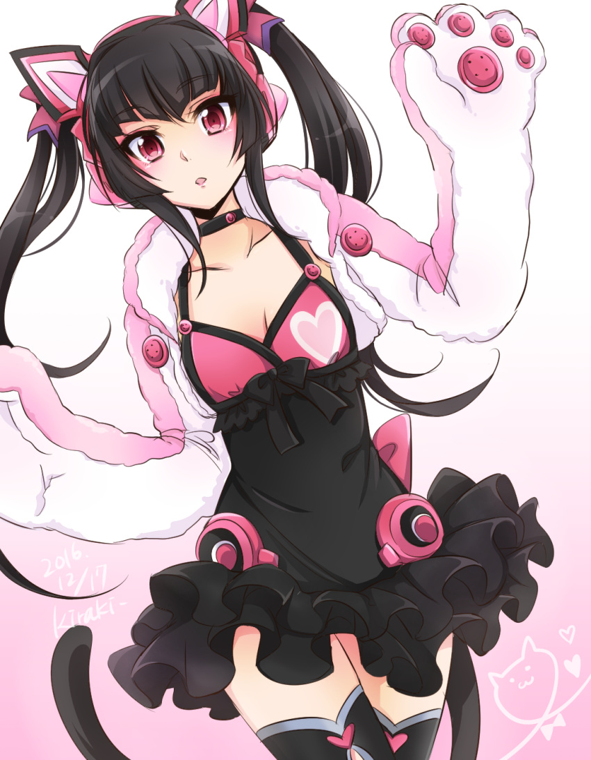 1girl :3 artist_name black_hair black_legwear black_skirt blush bow bowtie breasts cat_paws cat_tail choker cleavage cosplay dated heart highres kiraki layered_skirt long_hair looking_at_viewer lucky_chloe lucky_chloe_(cosplay) open_mouth paws pink_eyes senki_zesshou_symphogear skirt small_breasts solo tail tekken tekken_7 thigh-highs tsukuyomi_shirabe twintails zettai_ryouiki