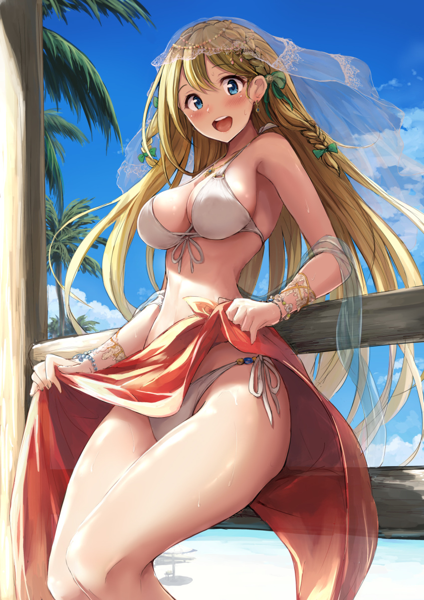 1girl :d beach bikini blonde_hair blue_eyes bracelet braid clouds highres hika_(hikara) jewelry looking_at_viewer open_mouth original palm_tree panties sarong sarong_lift shawl side-tie_panties sky smile solo swimsuit tree underwear veil wind