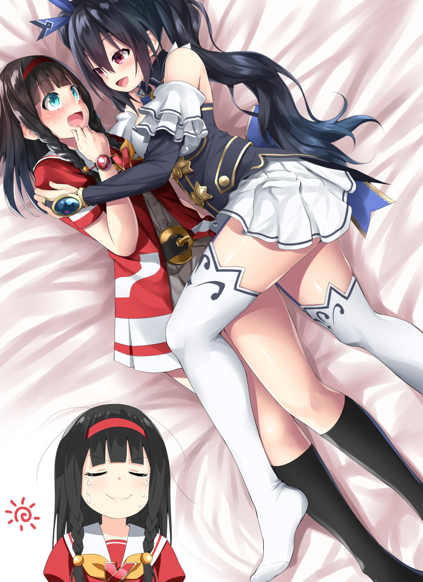 2girls aqua_eyes bare_shoulders black_hair blush braid breasts cleavage female flat_chest green_eyes hair_ornament highres k-sha long_hair looking_at_another medium_breasts multiple_girls neptune_(series) noire open_mouth red_eyes ribbon skirt smile tears twintails very_long_hair yuri