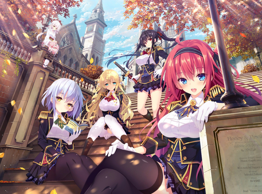 5girls :d :o ahoge aqua_eyes architecture arm_support arm_up autumn_leaves bangs between_legs black_hair black_hairband black_legwear black_ribbon black_skirt blazer blonde_hair blue_eyes blue_skirt blue_sky blush book boots breasts brooch brown_boots buttons chains church clock clock_tower closed_mouth clouds cloudy_sky commentary_request cravat cropped_jacket cross_print dappled_sunlight day detexted dot_nose dress_shirt dutch_angle epaulettes eyebrows_visible_through_hair eyelashes eyes_visible_through_hair floral_print furisode gloves gold_chain gold_trim hair_between_eyes hair_ornament hair_over_shoulder hair_ribbon hair_tubes hairband half-closed_eyes hand_between_legs hand_on_hip hand_on_lap hand_on_own_knee hands_on_lap hanidebi!_honey_&amp;_devil head_tilt heart high_collar highres holding holding_book index_finger_raised jacket japanese_clothes jewelry kikumon kimono kneehighs knees_together_feet_apart kougousaki_ruri kuwako_tomone lamppost large_breasts lavender_hair layered_skirt leaf leaning leaves_in_wind legs_crossed legs_together light_rays logo long_hair long_sleeves looking_at_viewer low-tied_long_hair miniskirt multiple_girls nishinozono_kaoruko obi official_art one_side_up open_mouth outdoors own_hands_together pantyhose plaid plaid_skirt plant plaque ponytail print_kimono railing red_eyes red_ribbon redhead ribbon ringlets round_teeth sakura_misaki_(sakura_densetsu) sash school_uniform shiny shiny_hair shirt short_hair sidelocks sitting sitting_on_stairs skirt sky sleeves_folded_up small_breasts smile speech_bubble spoken_heart stairs standing standing_on_one_leg striped_hairband sunbeam sunlight tabi takamiya_ouka tassel taut_clothes taut_shirt teeth text thigh-highs toudou_aoi tower tree twintails two_side_up underbust uniform unmoving_pattern v_arms very_long_hair white_gloves white_hair white_ribbon white_shirt wind wind_lift wing_collar x_hair_ornament yellow_eyes zouri