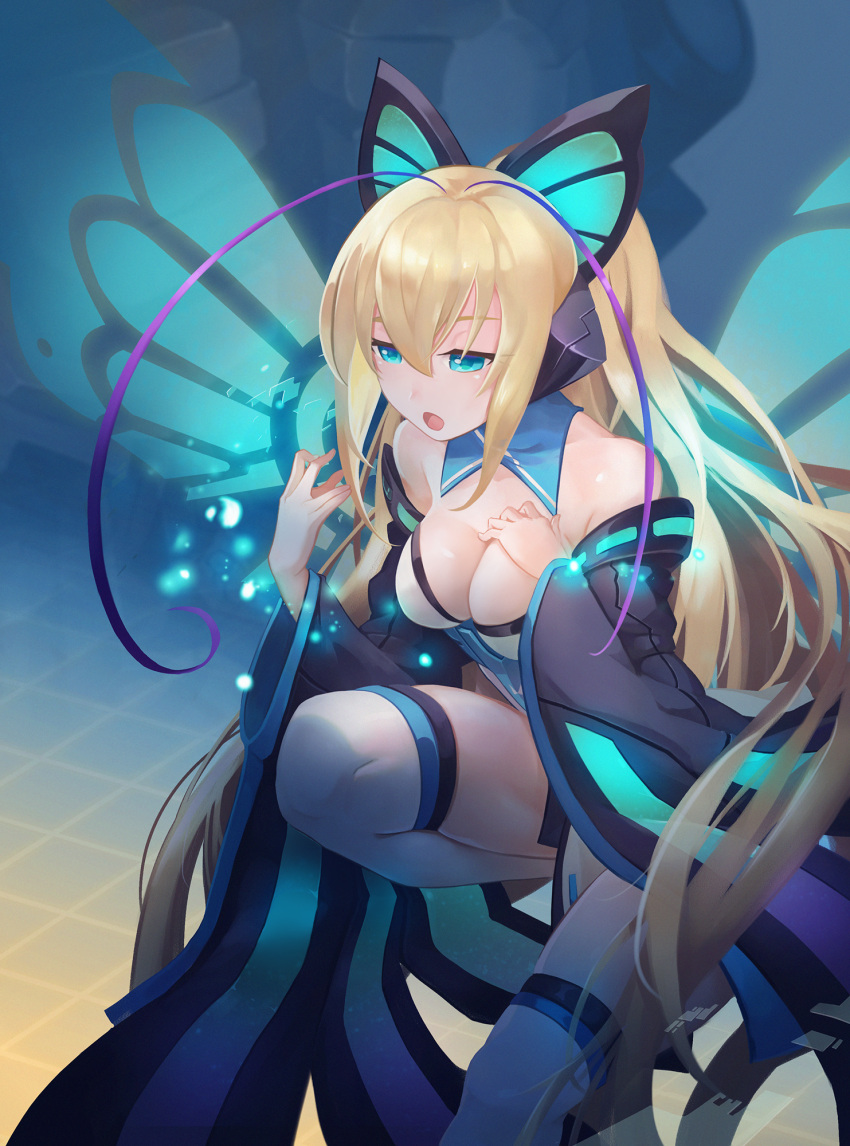 1girl antennae azure_striker_gunvolt bare_shoulders blue_eyes butterfly_wings collarbone crow_aberdeen detached_collar detached_sleeves half-closed_eyes hand_on_own_chest highres long_hair lumen_(gunvolt) open_mouth solo thigh-highs wide_sleeves wings